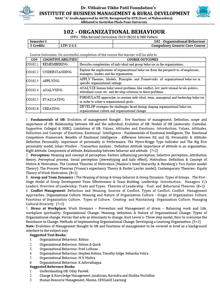 102 - OB Syllabus | PDF | Leadership | Motivational