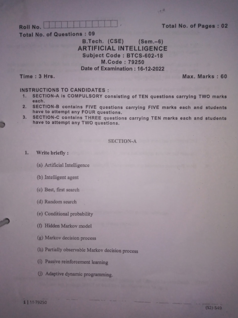 AI Exam Paper: BTCS-602-18 | PDF | Markov Chain | Probability Theory