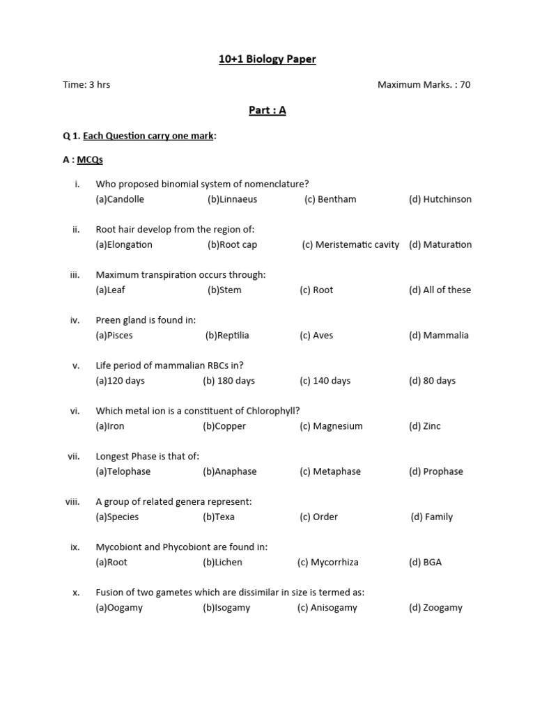 Biology Exam Paper with Questions | PDF | Plants | Cell (Biology)