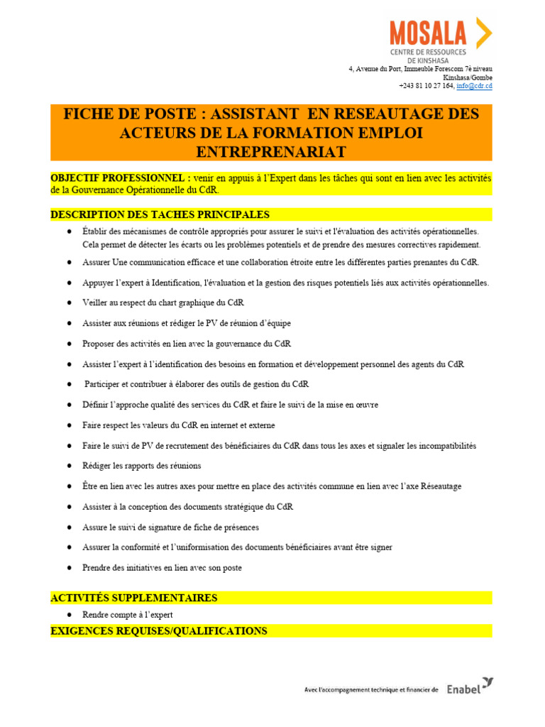 Fiche de Poste : Assistant Réseautage CdR | PDF | Gouvernance