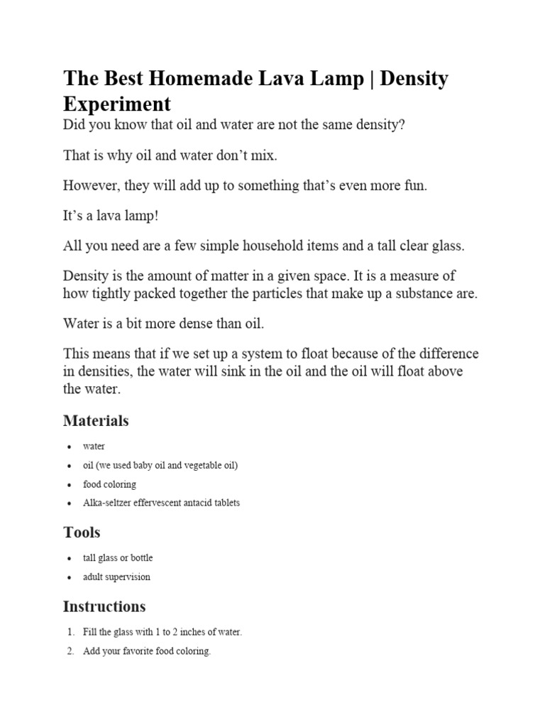 Homemade Lava Lamp Density Experiment | PDF | Chemistry | Chemical ...