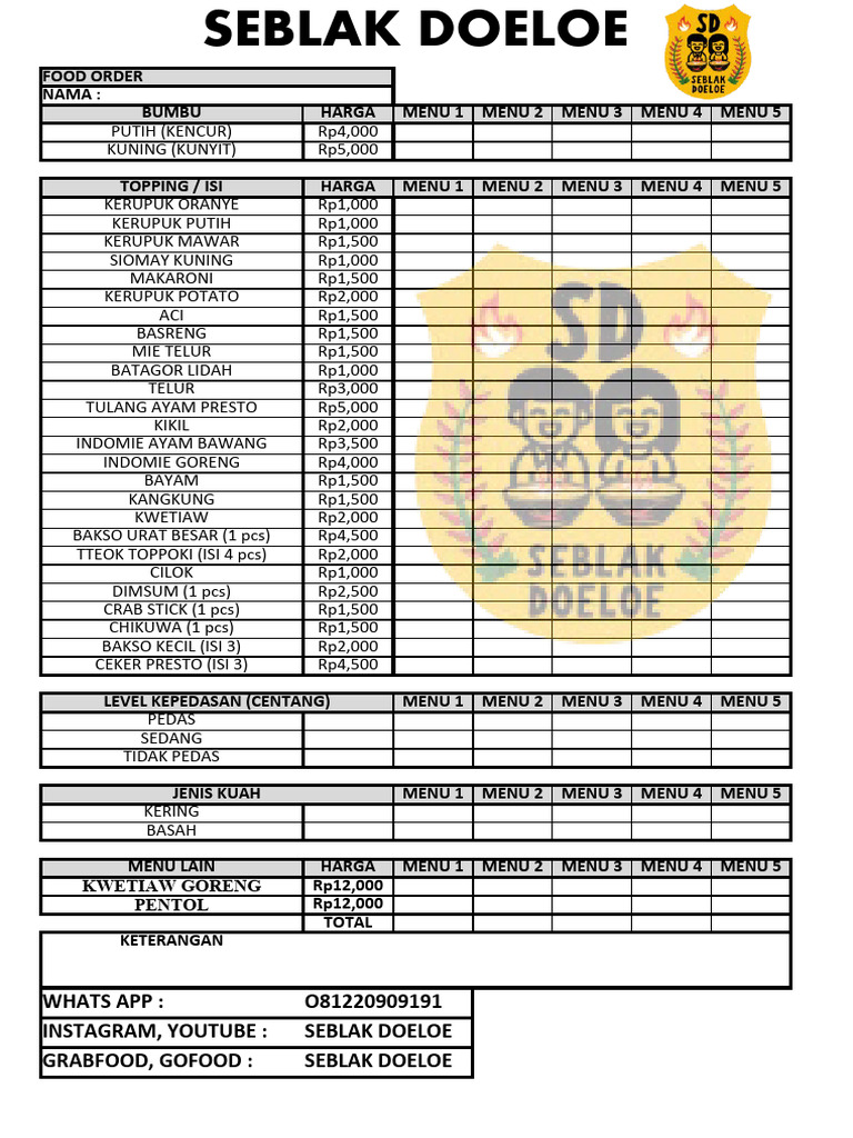 Format Order Makanan Seblak Doeloe | PDF