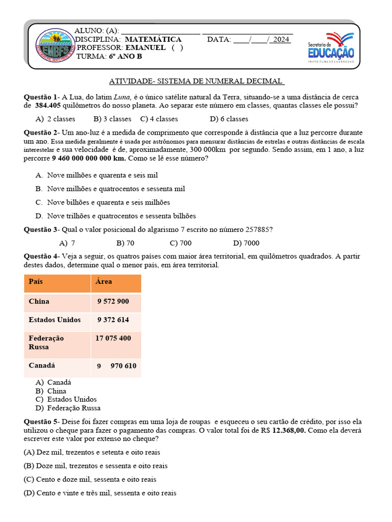 Atividade Sistema de Numeração Decimal - 6º Ano B | PDF | Decimal | Lua