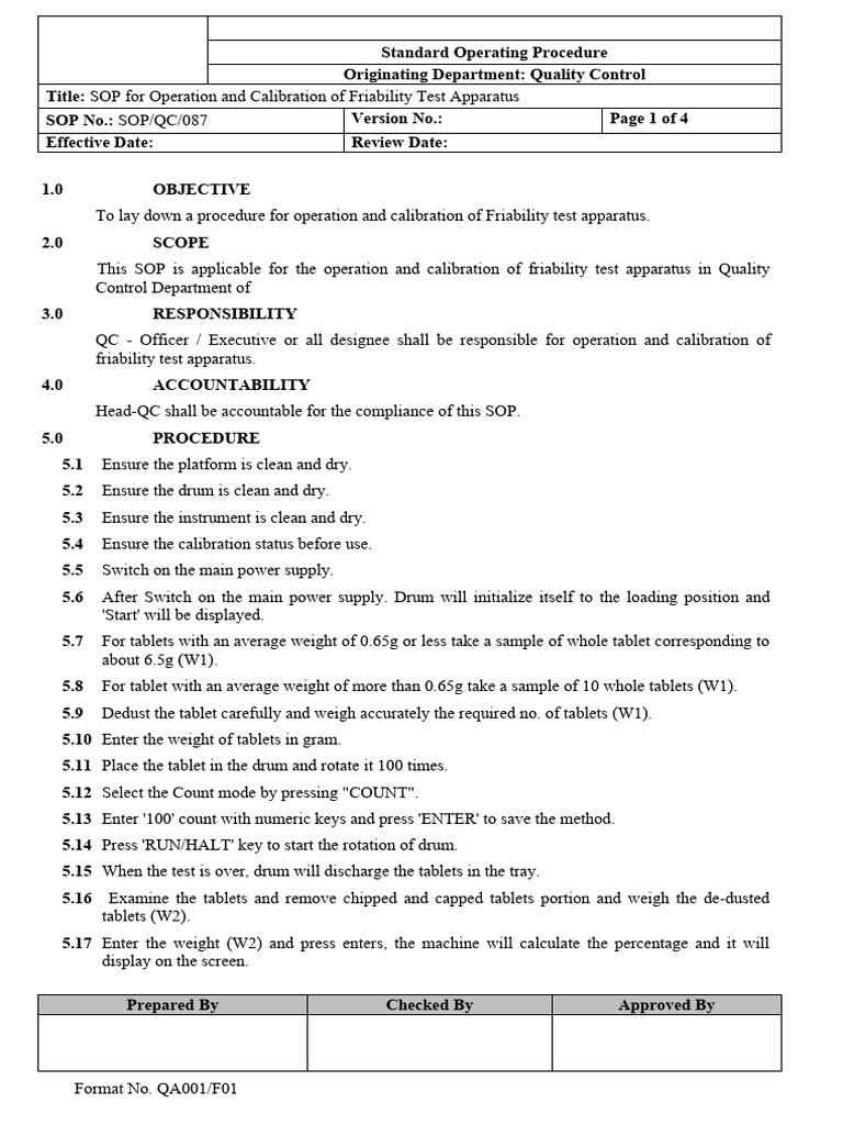 SOP for Friability Test Calibration | PDF | Calibration | Weight