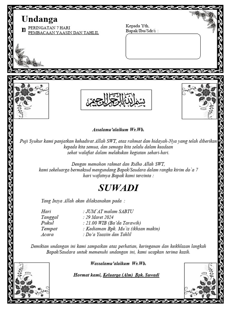 Contoh Surat Undangan Tahlil 40 100 1000 | PDF