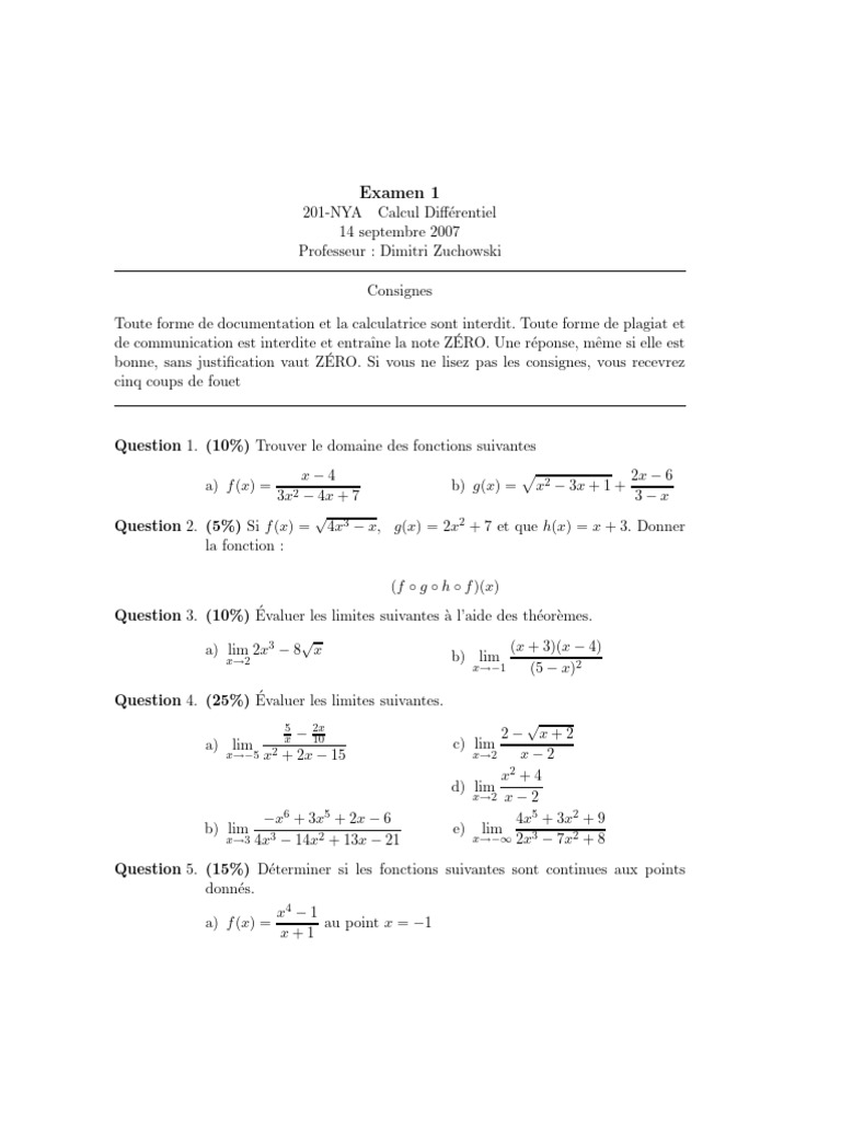 Examen de Calcul Différentiel 201-NYA | PDF | Échecs | Théorie (échecs)