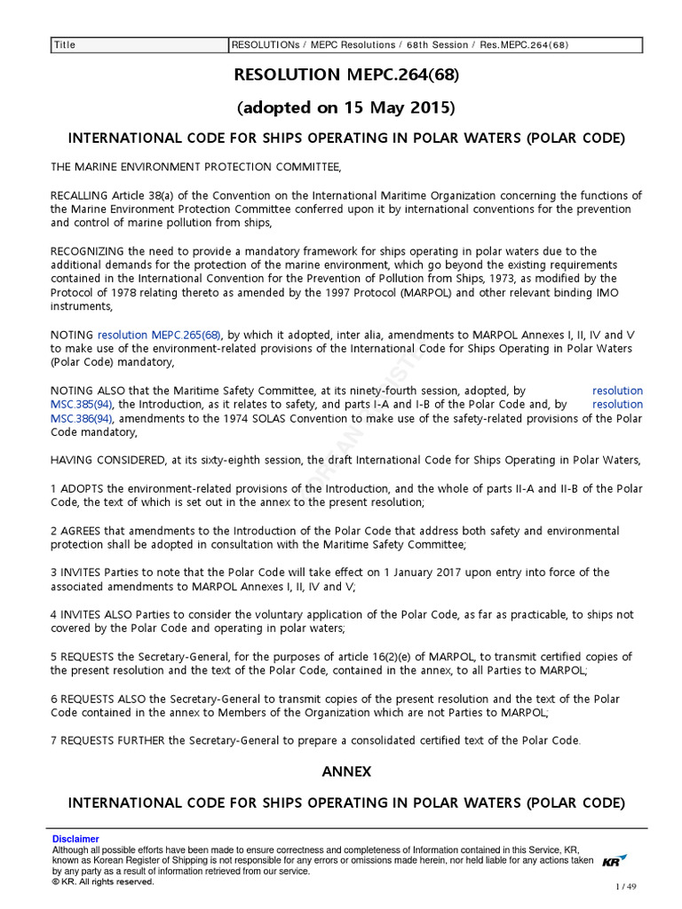 Polar Code for Ships in Arctic Waters | PDF | Shipping