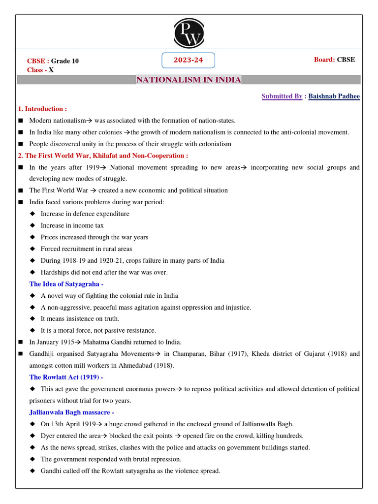 Nationalism in India - Short Notes | PDF | Mahatma Gandhi | Indian ...