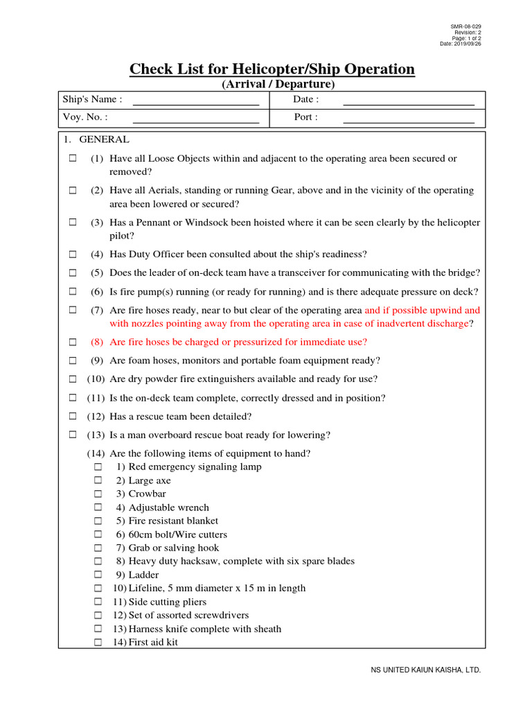 Helicopter Operation Equipment Checklist | PDF