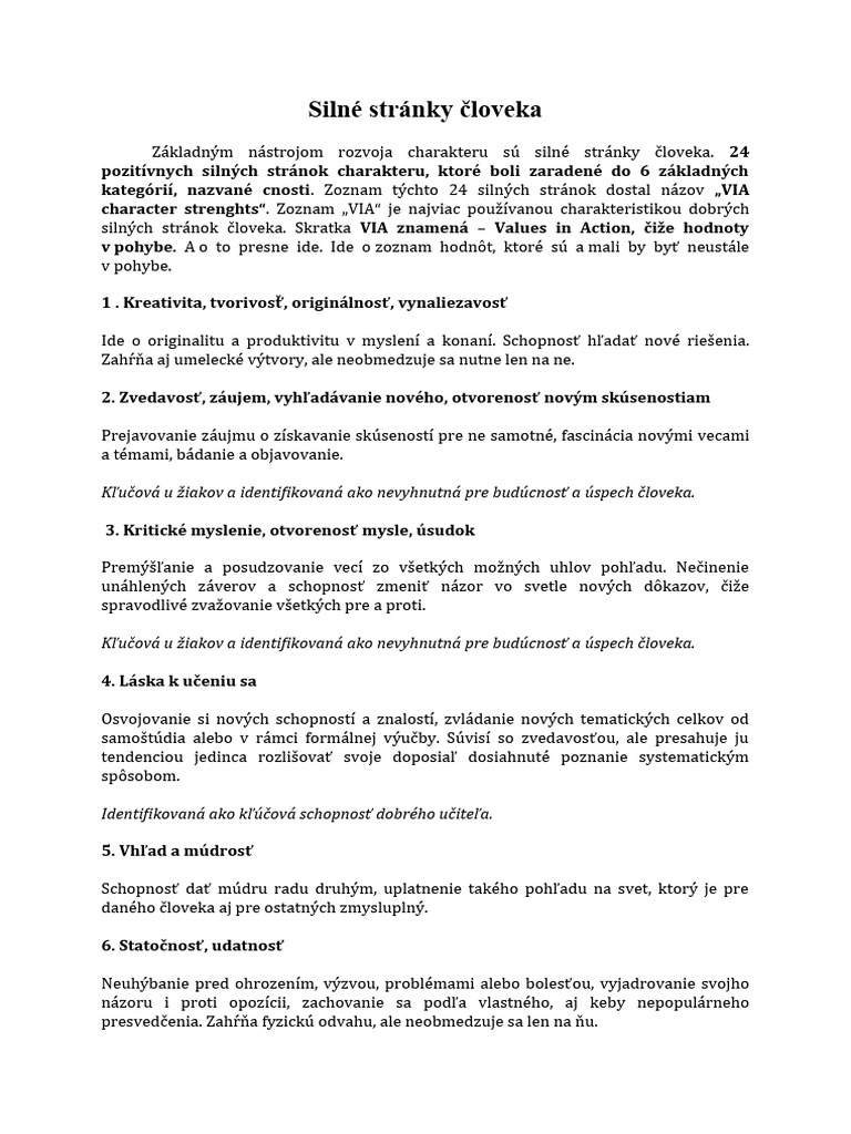 Silné Stránky Osobnosti Človeka | PDF