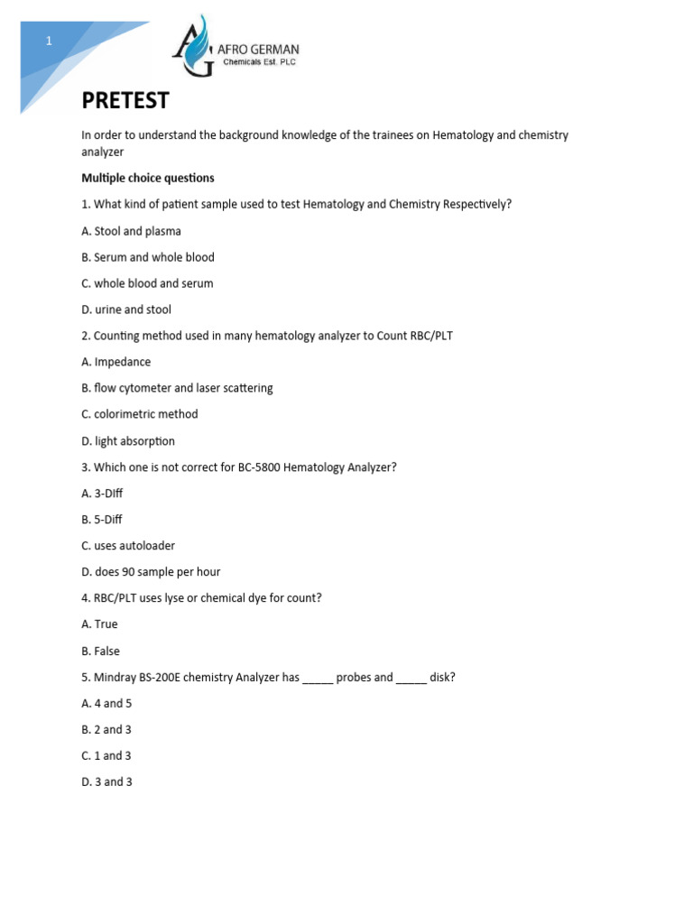 Hematology and Chemistry Analyzer Pretest | PDF | Business | Science ...