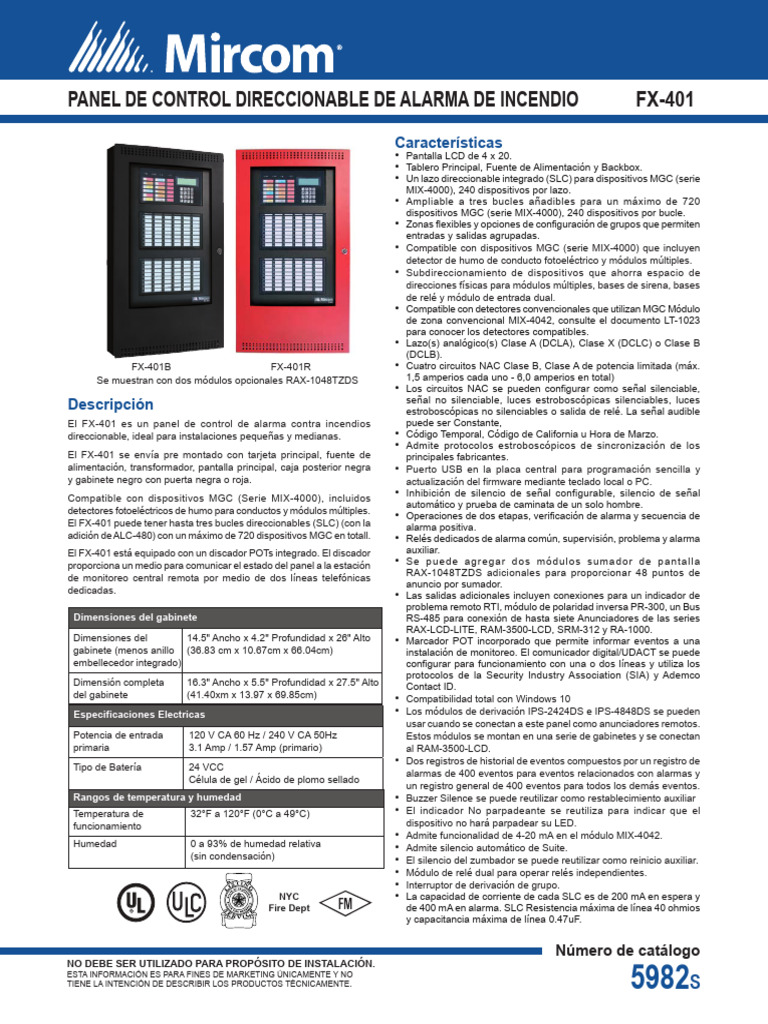 CAT-5982S FX-401 Addressable Fire Alarm Control Panel | PDF | Relé ...