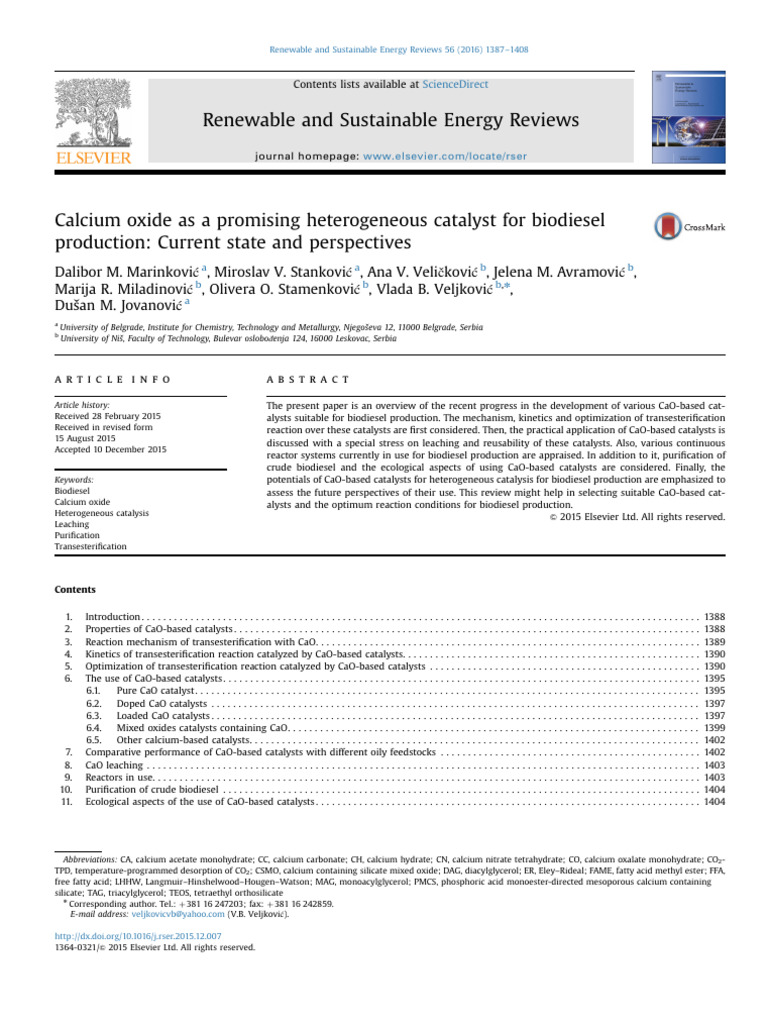 Calcium Oxide Catalysts for Biodiesel | PDF | Catalysis | Chemical ...