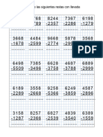 Plantilla Editable Restas de Numeros de Cuatro Cifras Con Llevada