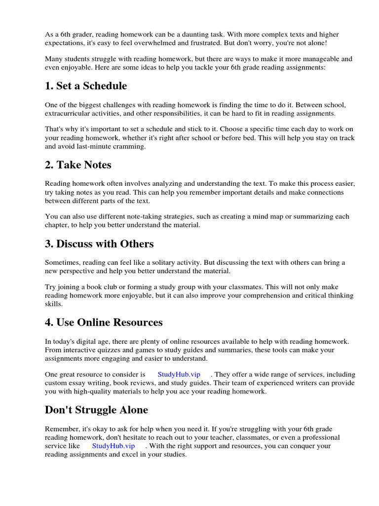 Reading Homework Ideas 6th Grade | PDF | Worksheet | Reading Comprehension