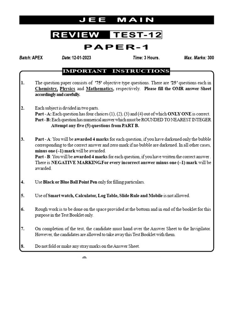 JEE Main Review Test 12 Instructions | PDF