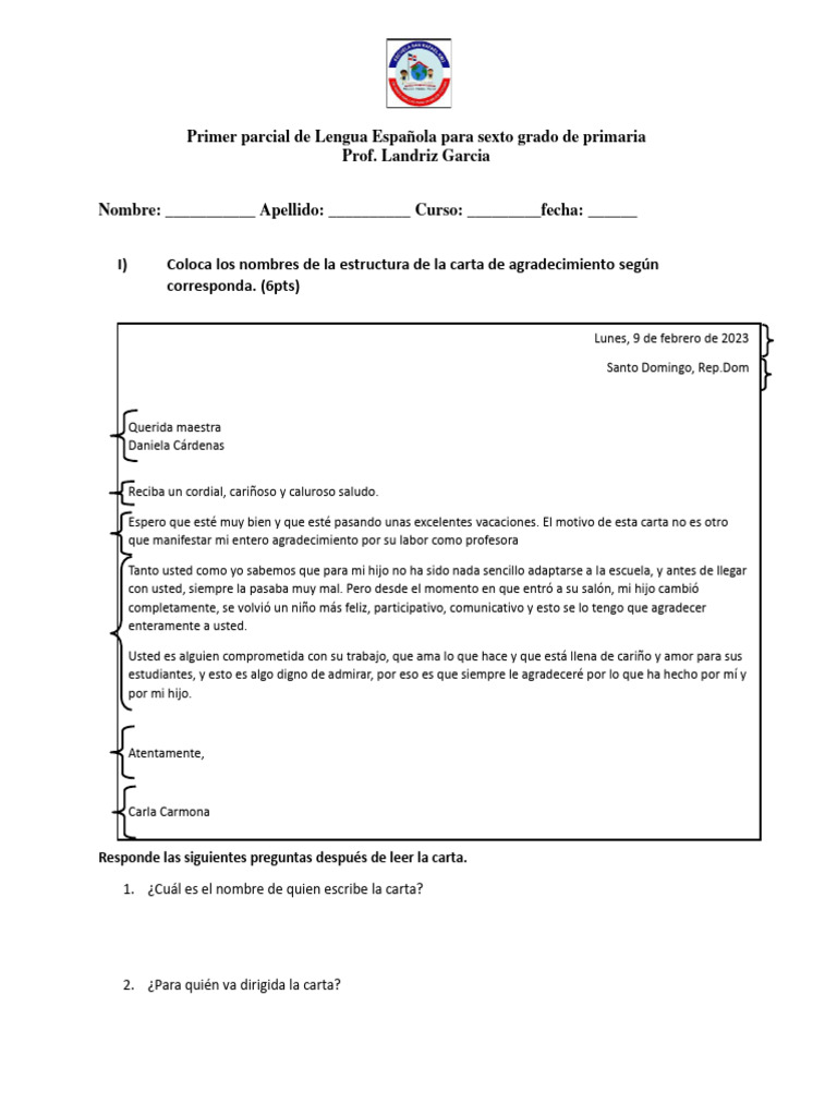 Primer Parcial de Lengua Españolapara Sexto Grado de Primaria | PDF ...