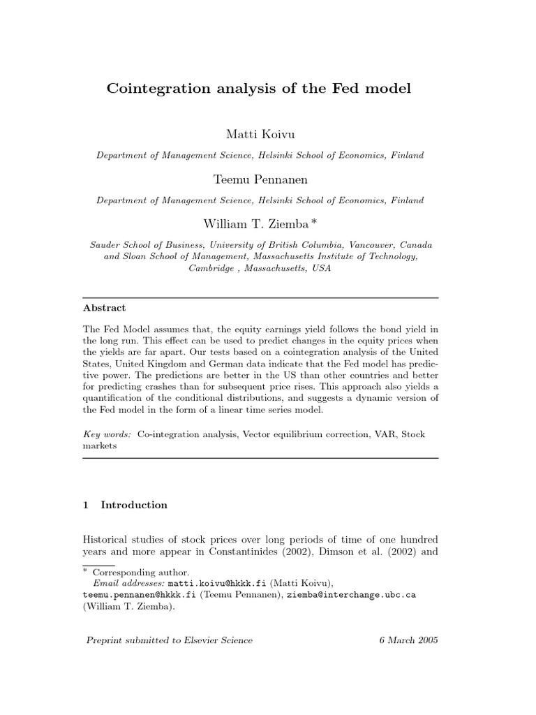 Cointegration Analysis of The Fed Model | PDF | Vector Autoregression ...