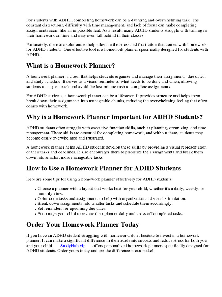 Homework Planner For Adhd Students PDF Homework Digital Millennium Copyright Act