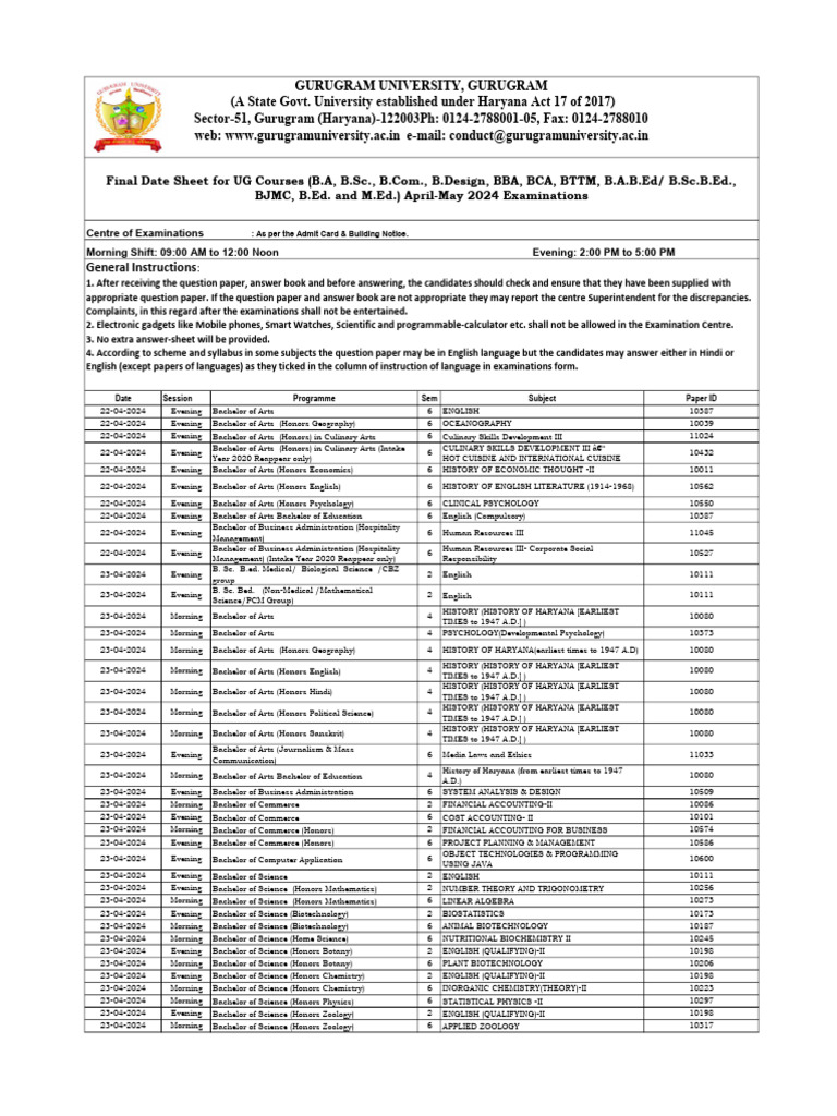 Final Date Sheet For UG Courses (B.A, B.SC., B.Com., B.Design, BBA, BCA ...