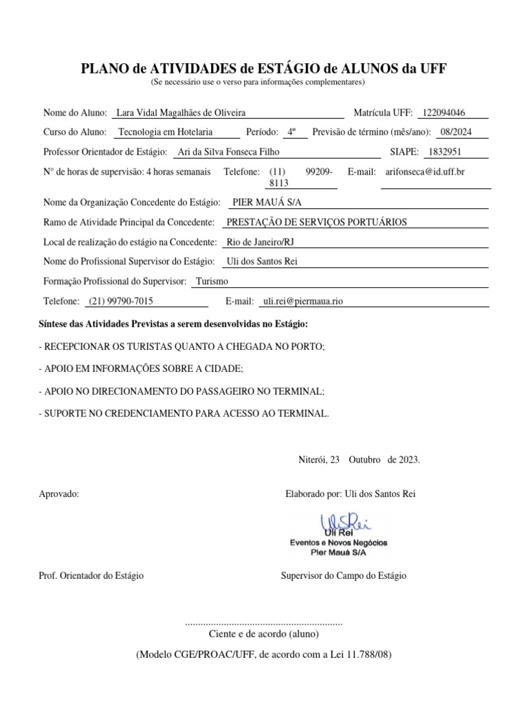 Plano de Estágio em Hotelaria UFF | PDF