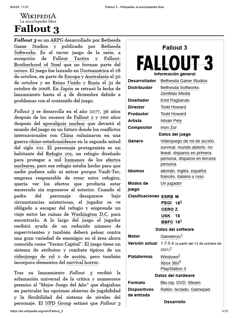 Fallout 3 - Wikipedia, La Enciclopedia Libre | PDF | Juegos y actividades
