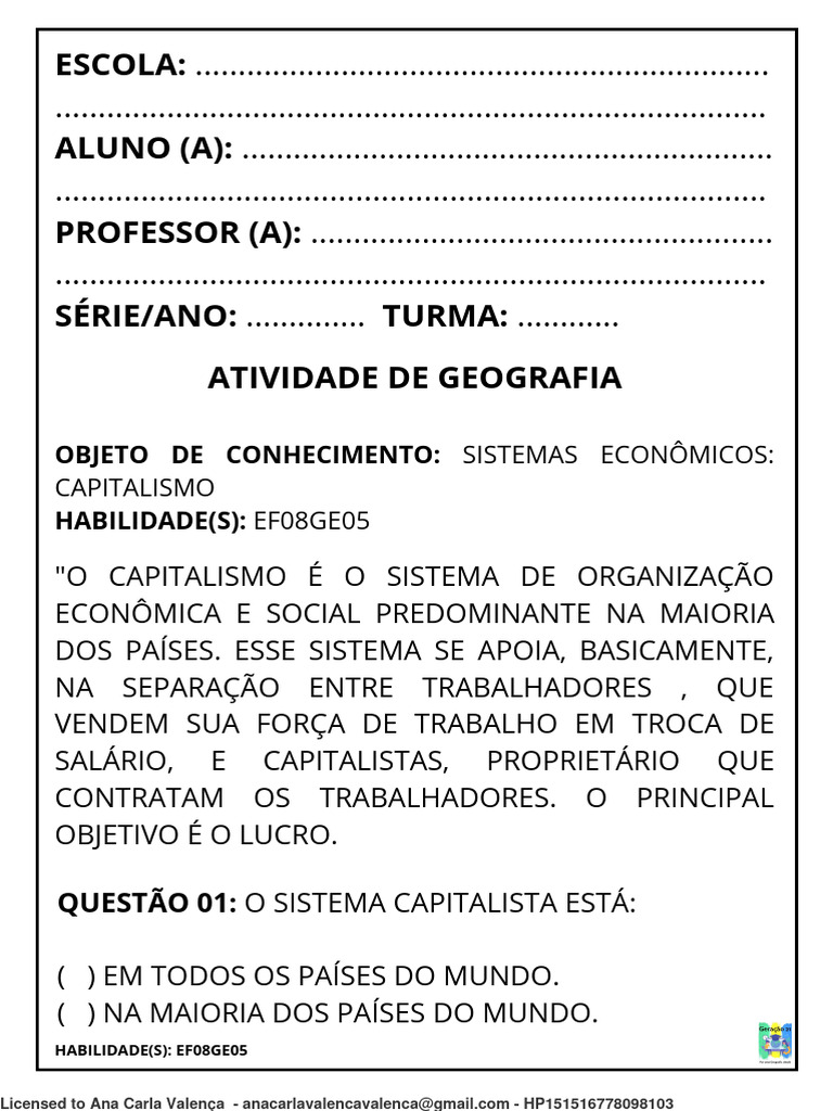Atividade Adaptada Capitalismo Geografia | PDF | Capitalismo ...