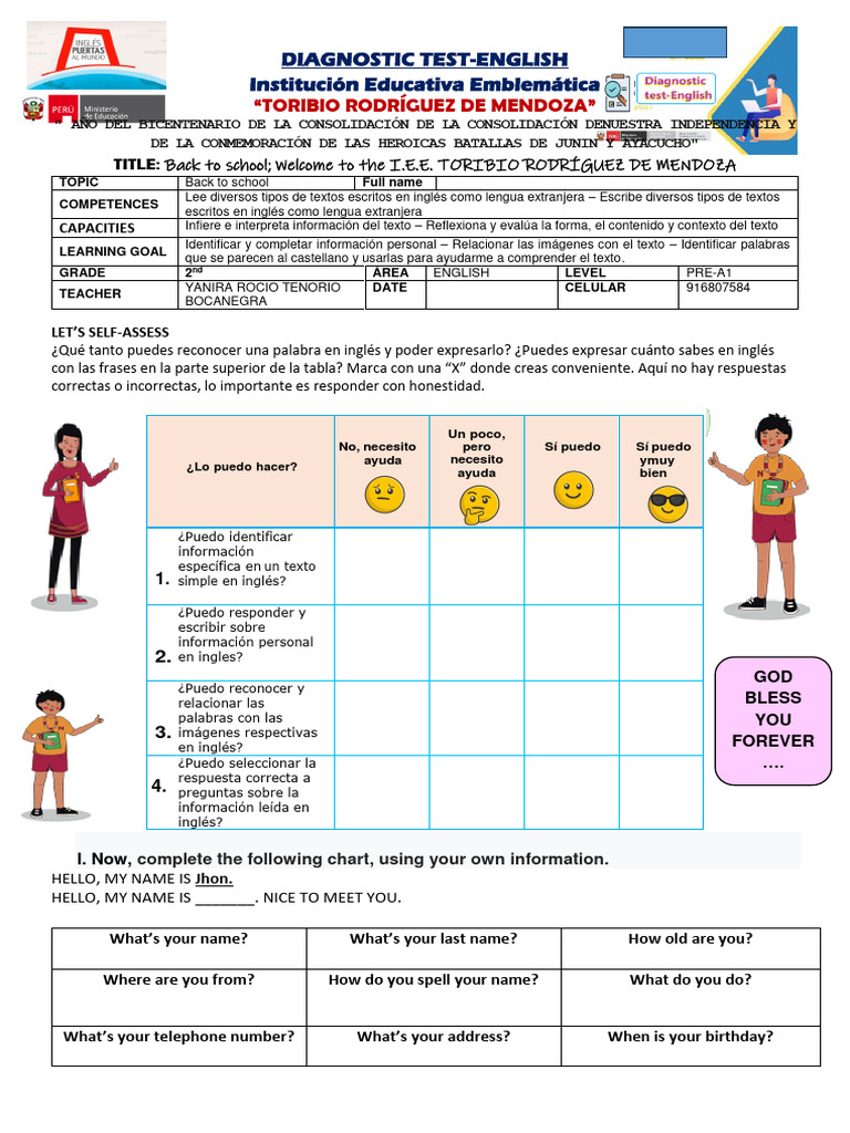 Test Diagnóstico de Inglés Pre-A1 | PDF | Idiomas del Reino Unido ...