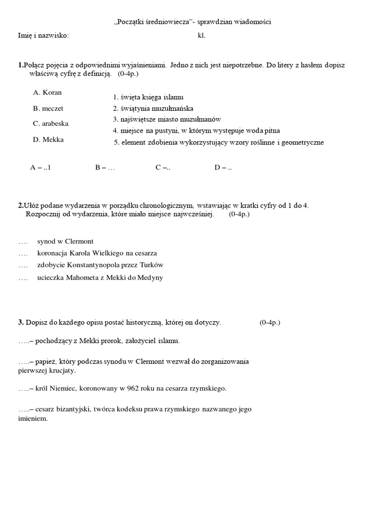 Początki średniowiecza Klasa 5 Sprawdzian Pdf Grupa A Początki Średniowiecza - Sprawdzian 2 | PDF