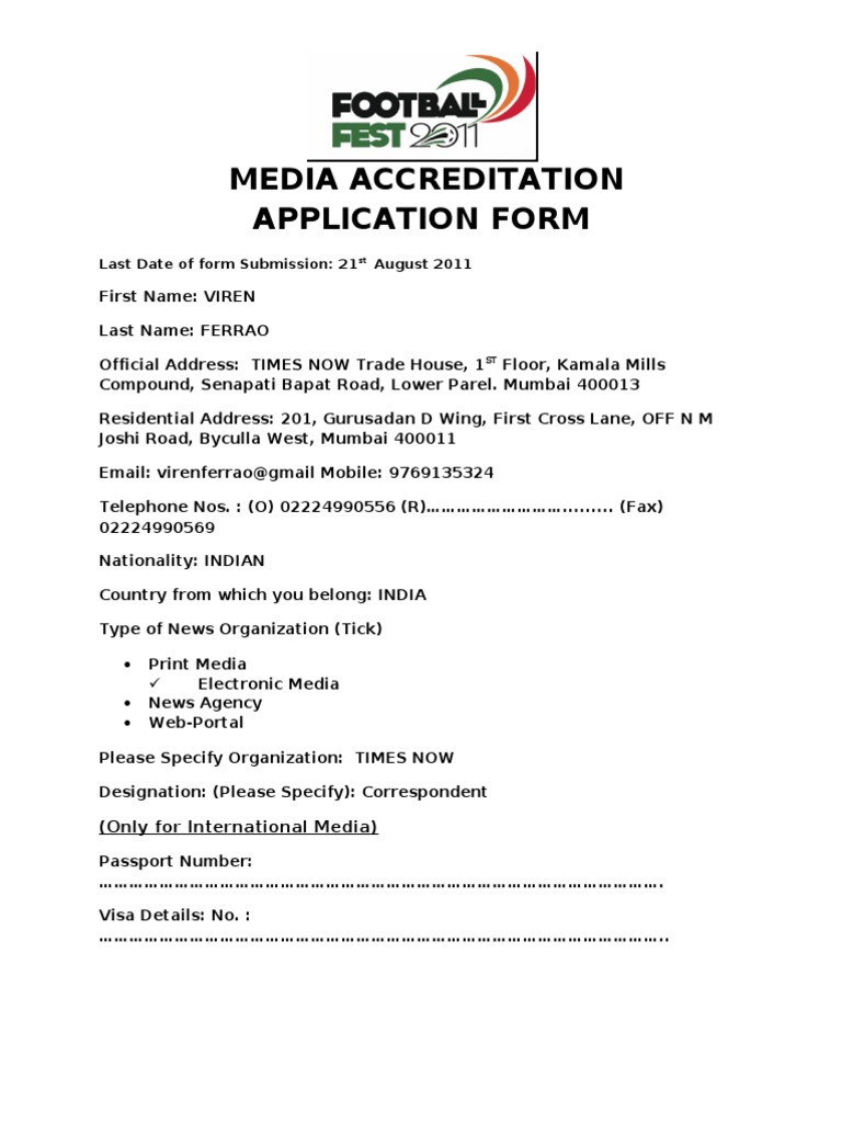 Media Accreditation Application Form Final | PDF | Mass Media ...