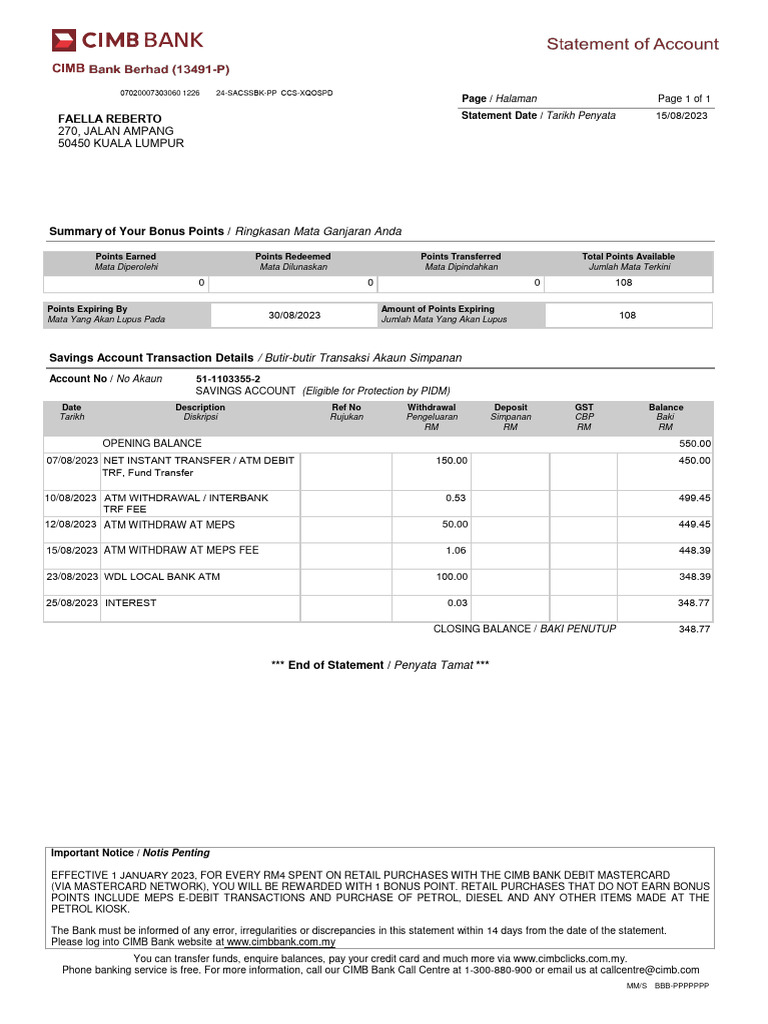 CIMB Bank Statement Overview | PDF | Debit Card | Banks