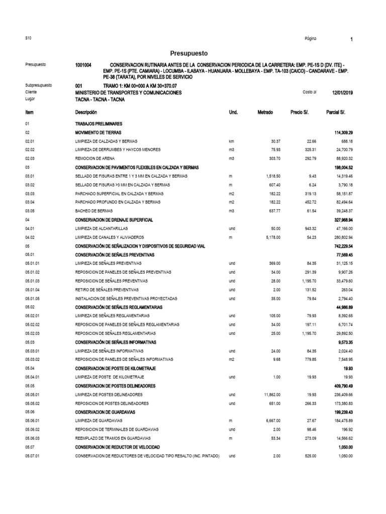 Presupuesto Conservación Vial Tacna | PDF | Transporte por carretera ...
