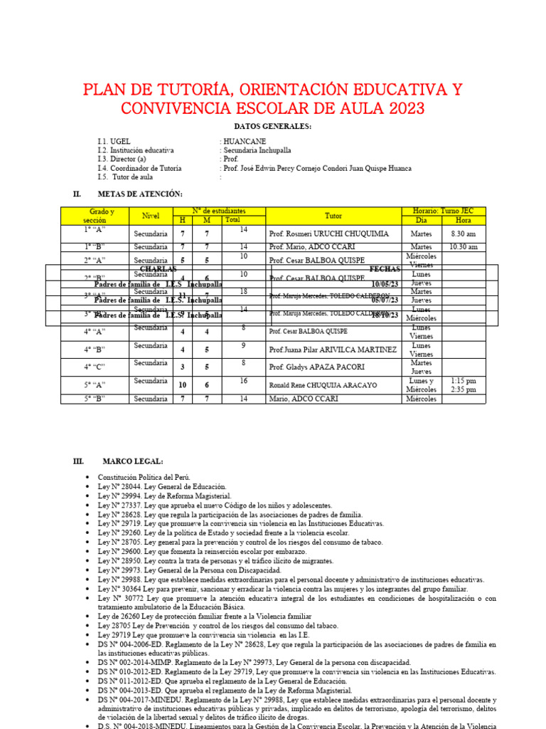 Plan de Tutoría y Convivencia Escolar 2023 | PDF | La violencia contra ...
