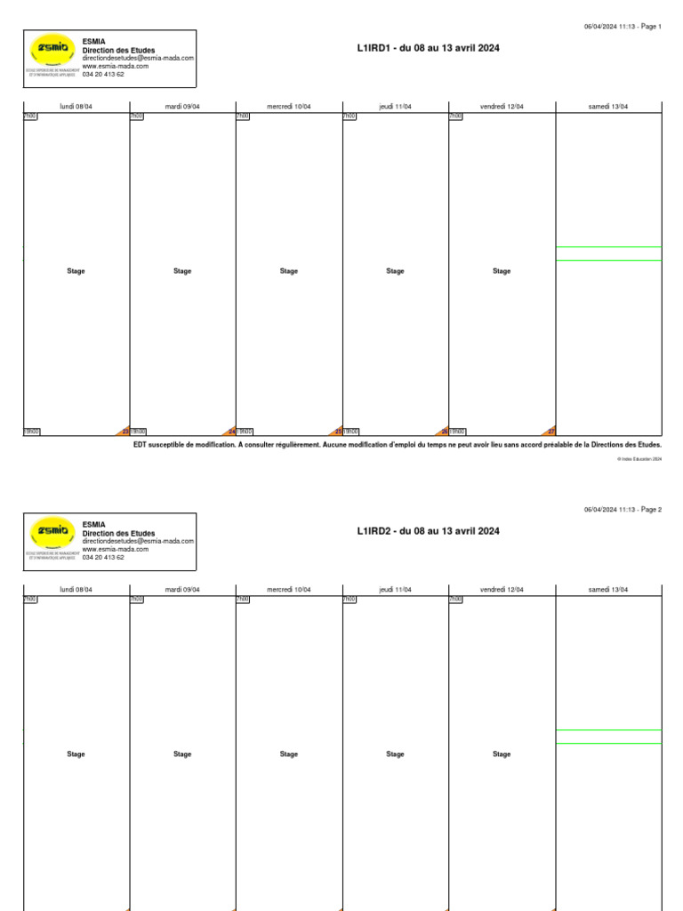 Emploi du temps ESMIA avril 2024 | PDF