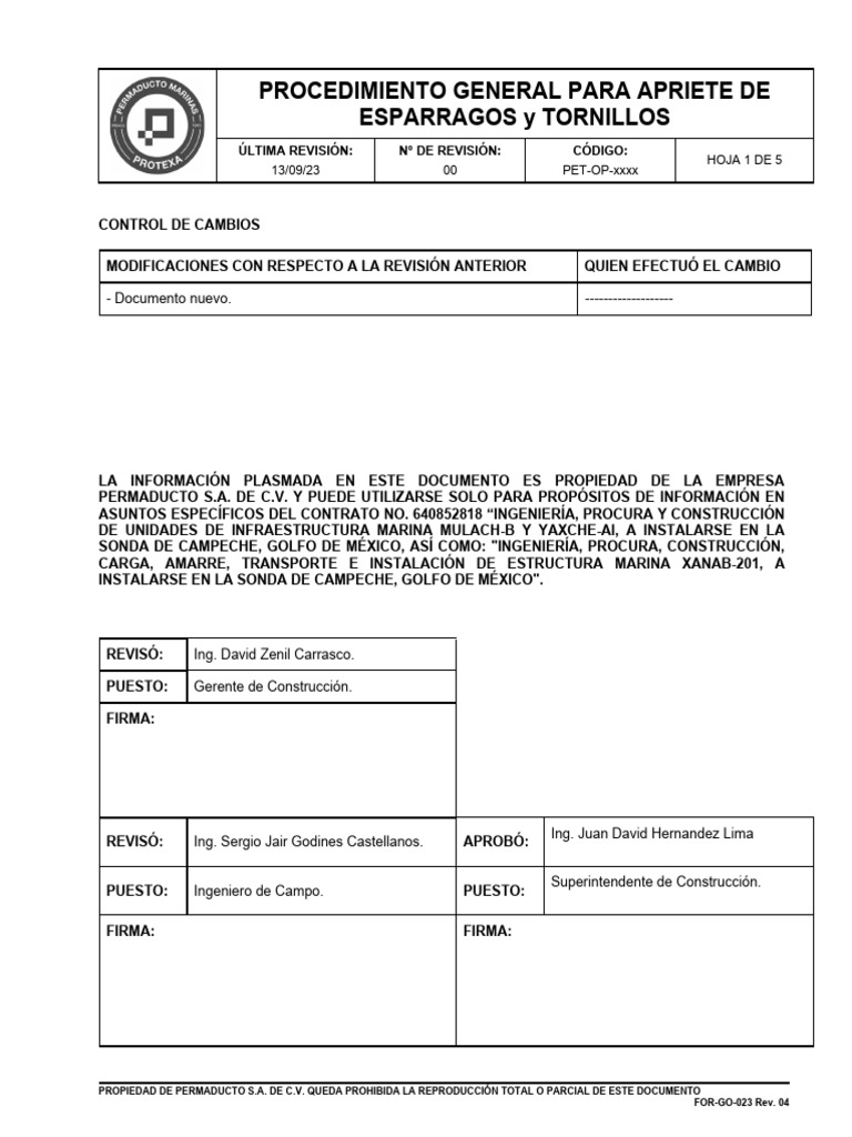 Pet op xxx procedimiento general para apriete de esparragos y