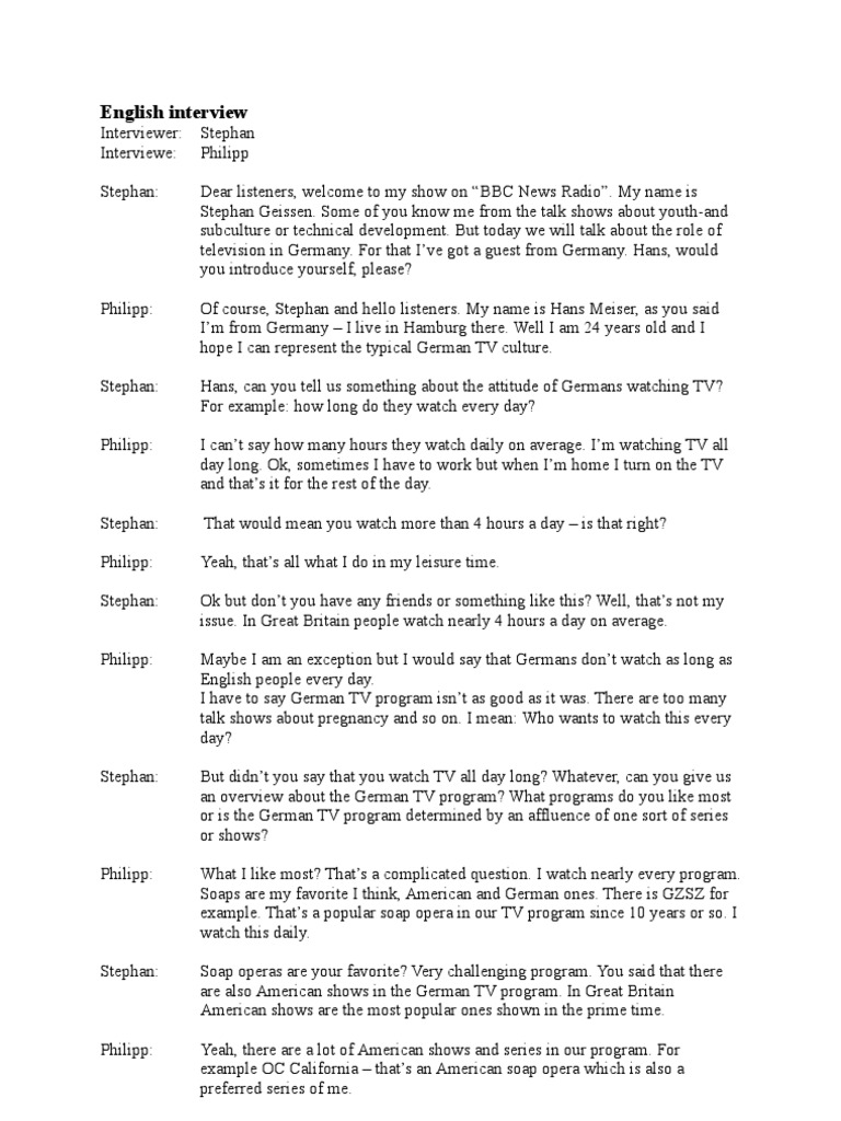 English Interview Pdf Television Leisure