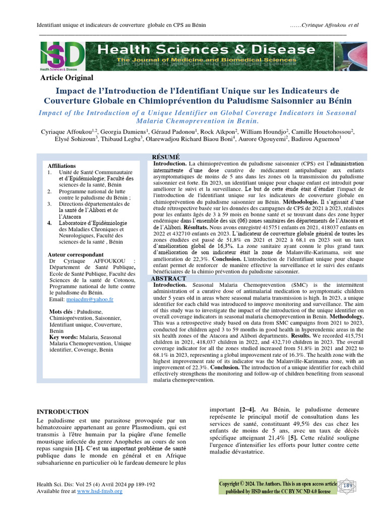 Impact de l'Identifiant Unique en CPS au Bénin | PDF | Paludisme ...