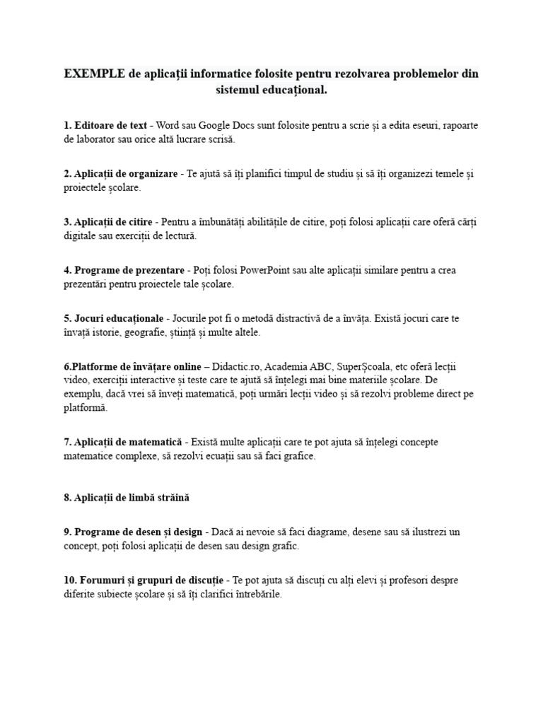 EXEMPLE de Aplicații Informatice Folosite Pentru Rezolvarea Problemelor ...
