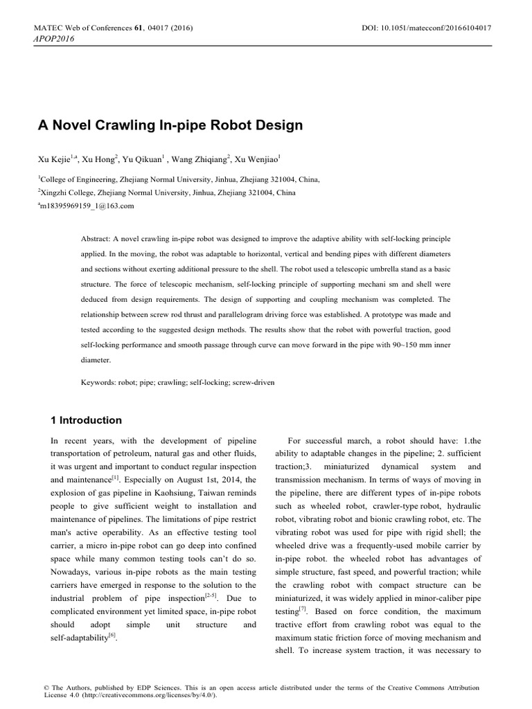 Innovative In-Pipe Crawling Robot Design | PDF | Gear | Mechanical ...