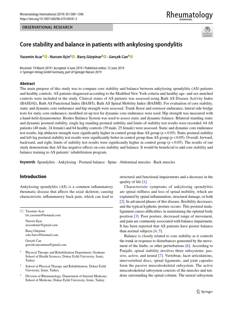 Core stability and balance in patients with ankylosing spondylitis