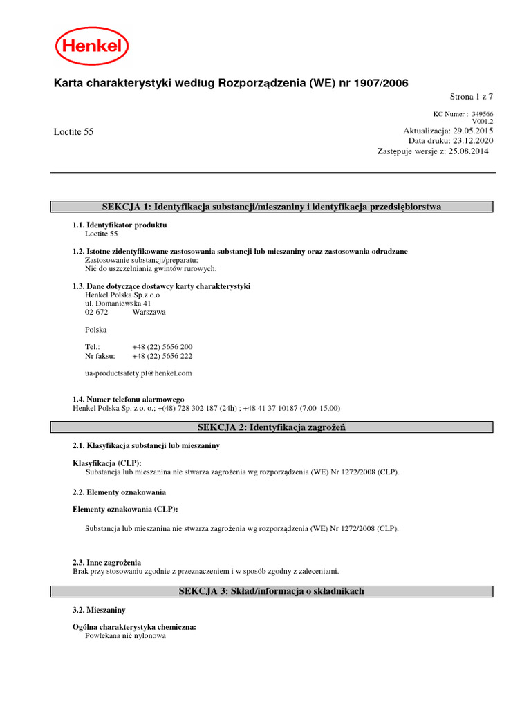 Loctite 55 Nic Do Uszczelniania Karta Charakterystyki MSDS PDF