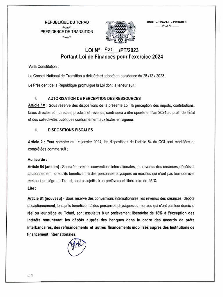Loi de Finances Tchad 2024 : Modifications Fiscales | PDF ...