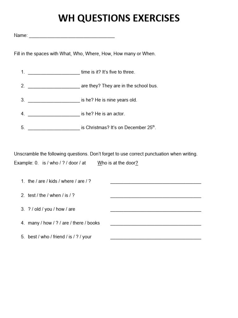Wh questions exercises pdf