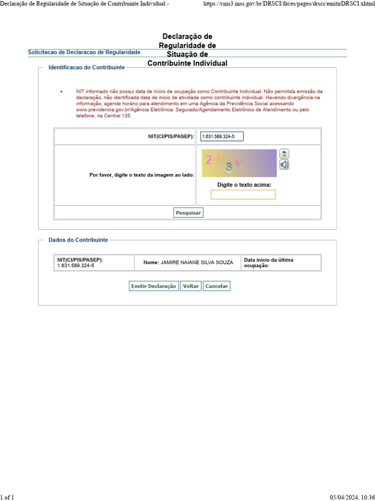 Declara o De Regularidade De Situa o De Contribuinte Individual PDF