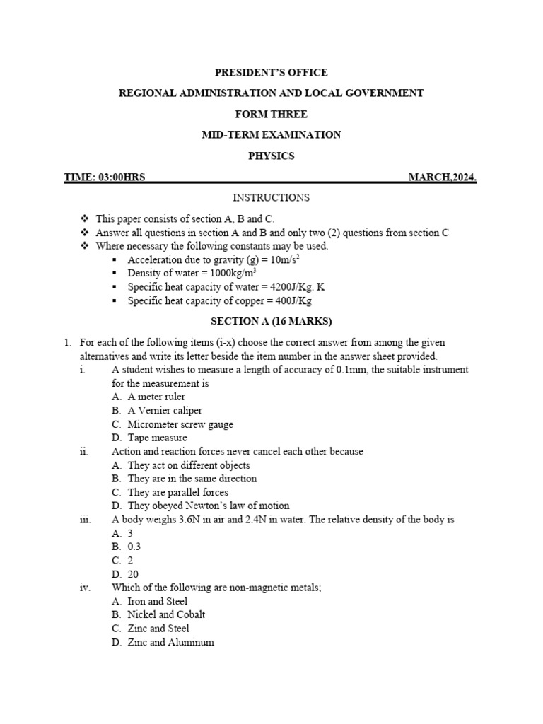 Form Three Physics Mid-Term Exam 2024 | PDF | Center Of Mass | Gases