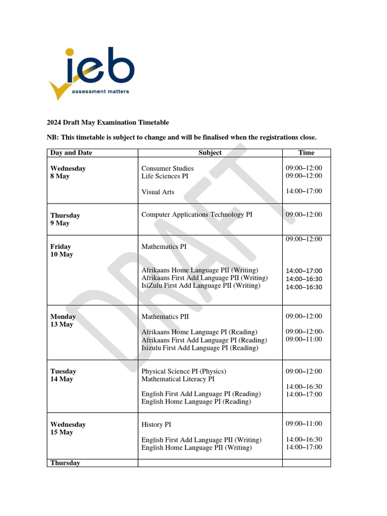 2024 NSC Draft Timetable May Examination PDF Mathematics Science