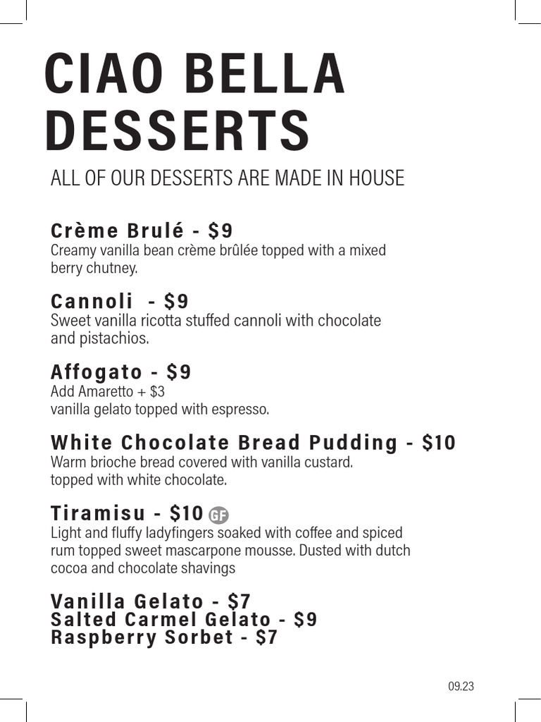 Ciao Bella Desserts and Coffee Menu | PDF