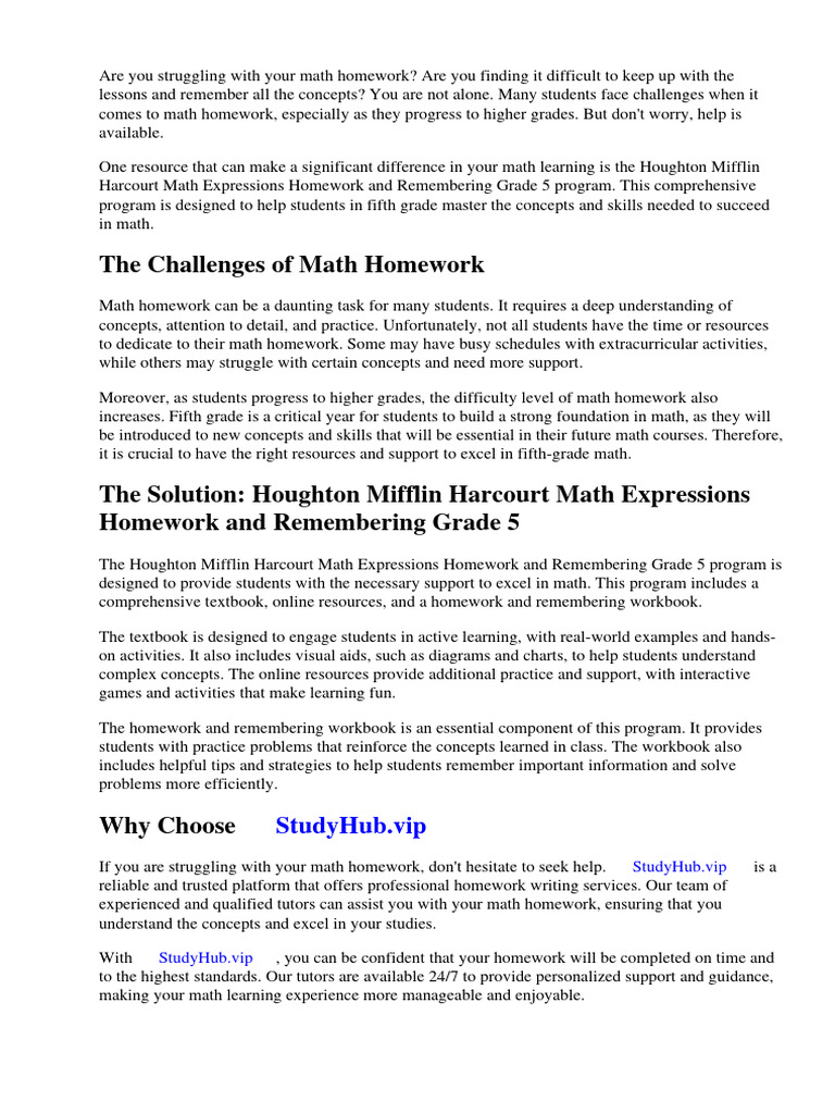Houghton Mifflin Harcourt Math Expressions Homework and Remembering