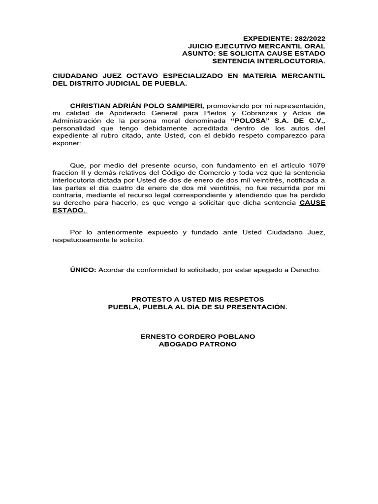 Escrito para Que Cause Estado La Sentencia Interlocutoria | PDF