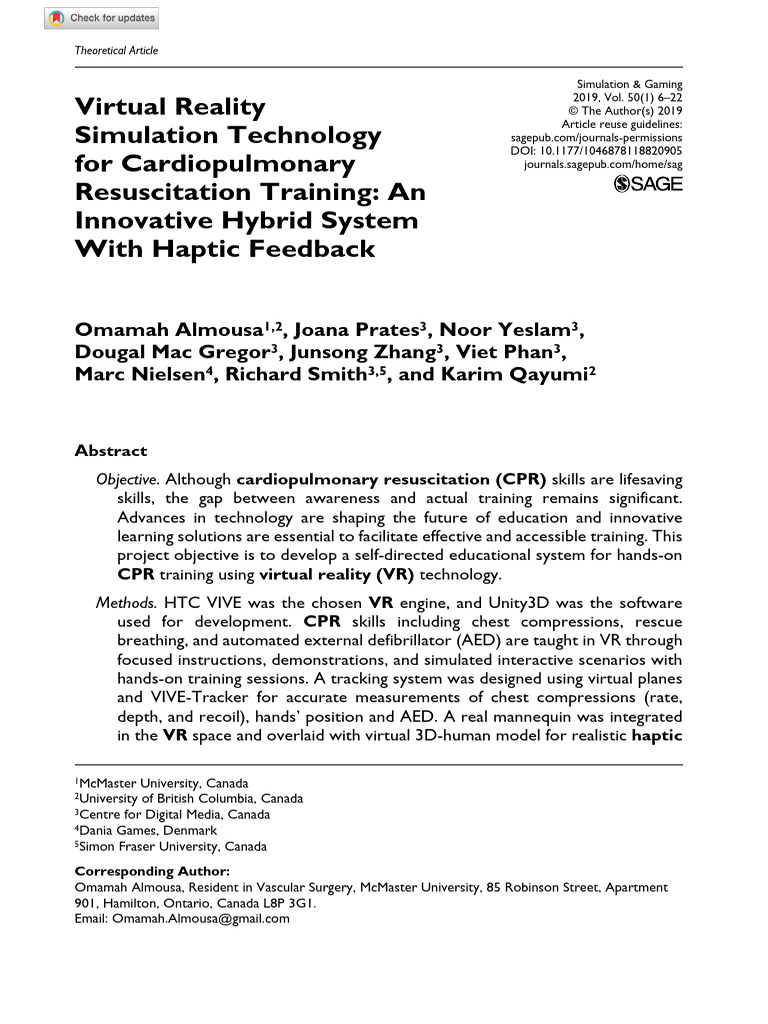 VR Simulation For CPR Training PDF Virtual Reality Simulation